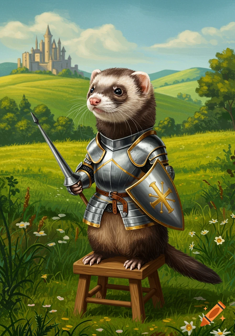 A ferret in full knight armor holding a spear and shield, standing on a stool in a grassy field with a castle in the background.