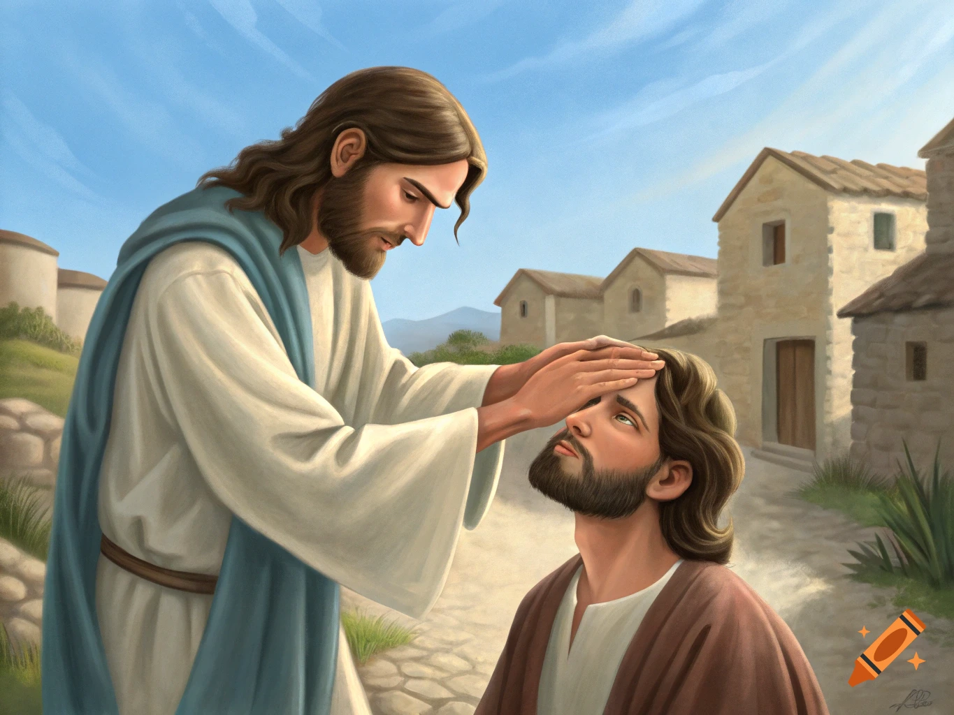 Painting of Jesus healing a man by touching his head in a village