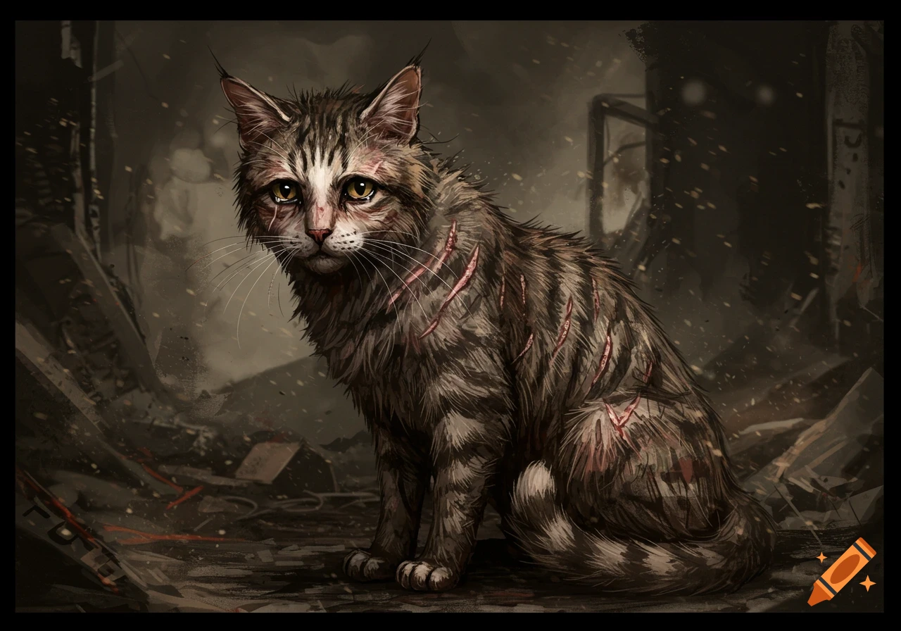 A sad, scarred tabby cat sits in a ruined, war-torn environment.