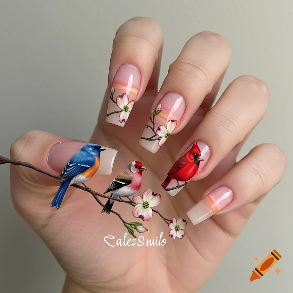 Hand with painted nails featuring birds, flowers, and branches.