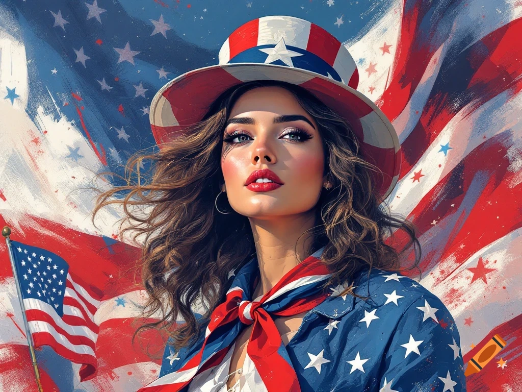 Portrait of a woman in patriotic attire against a waving American flag background.