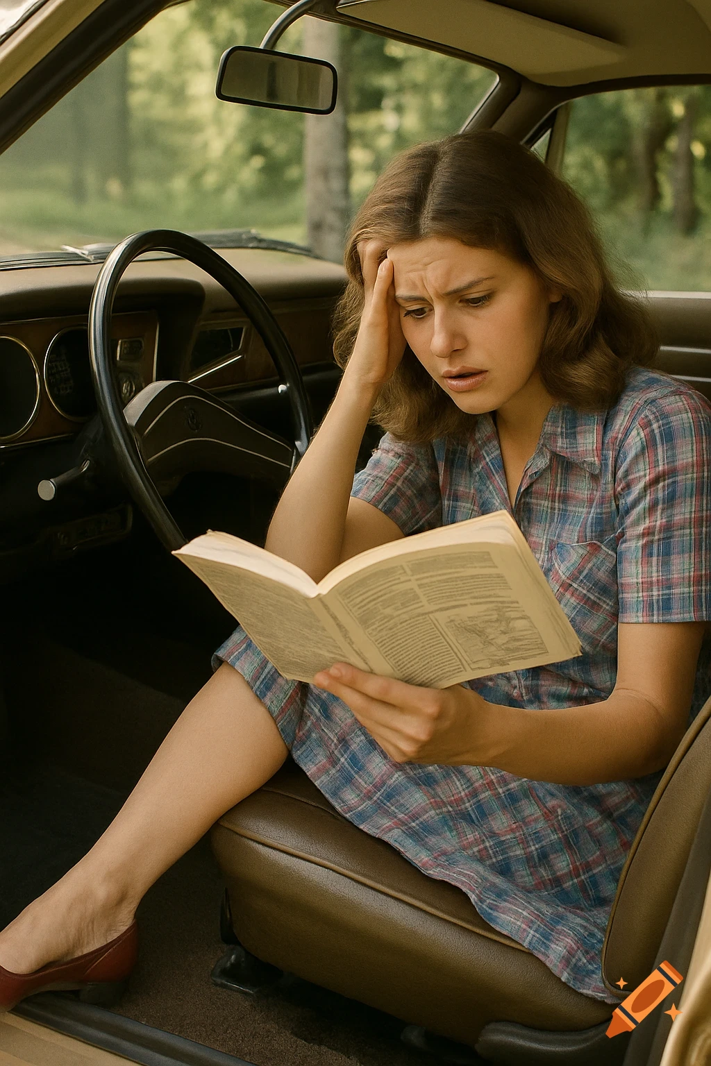 Young woman with a distressed expression reading a book in a vintage car.