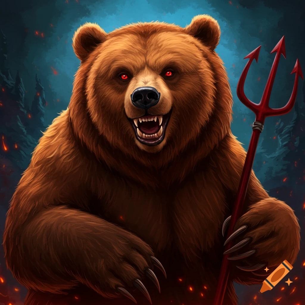 Digital painting of a devlish brown bear with red eyes holding a trident in a fiery environment.
