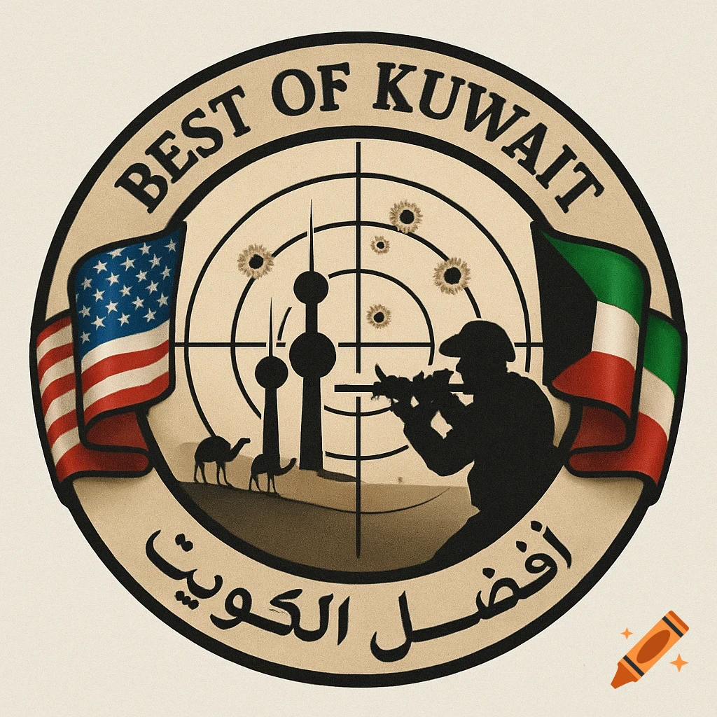 Circular military-style logo with US and Kuwait flags, Kuwait Towers, camels, soldier aiming rifle, target, 'Best of Kuwait' text.