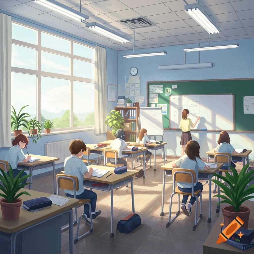 An anime-style illustration of a classroom scene with students and a teacher at the blackboard.