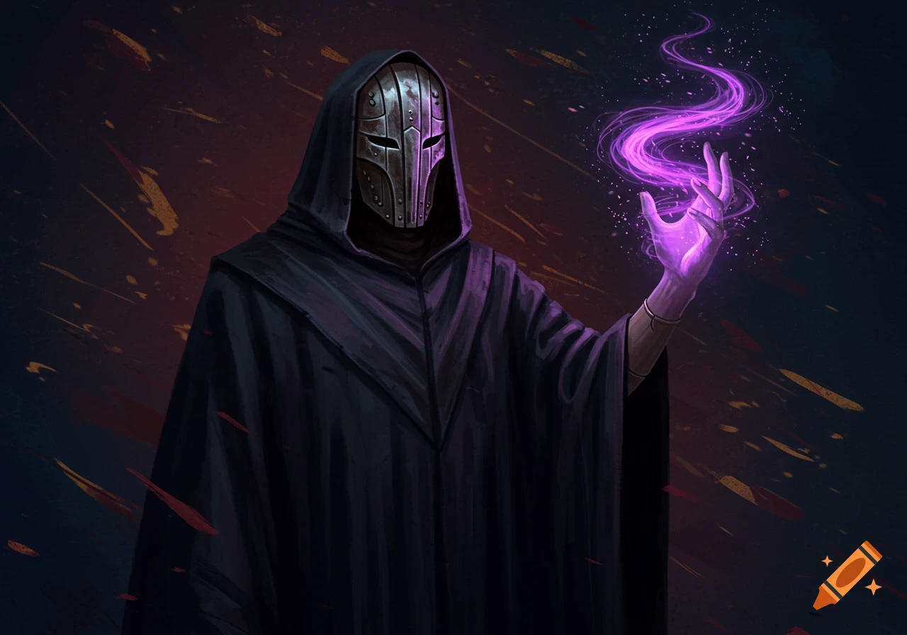 A hooded figure in an iron mask holds glowing purple magic.