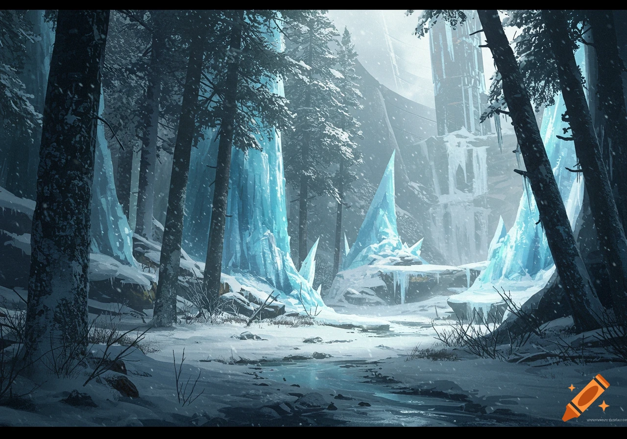 A snowy forest landscape with large blue ice formations and a structure in the background.