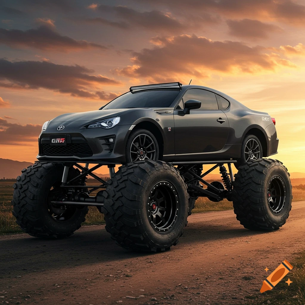 A dark gray car on monster truck wheels is parked on a dirt road at sunset.