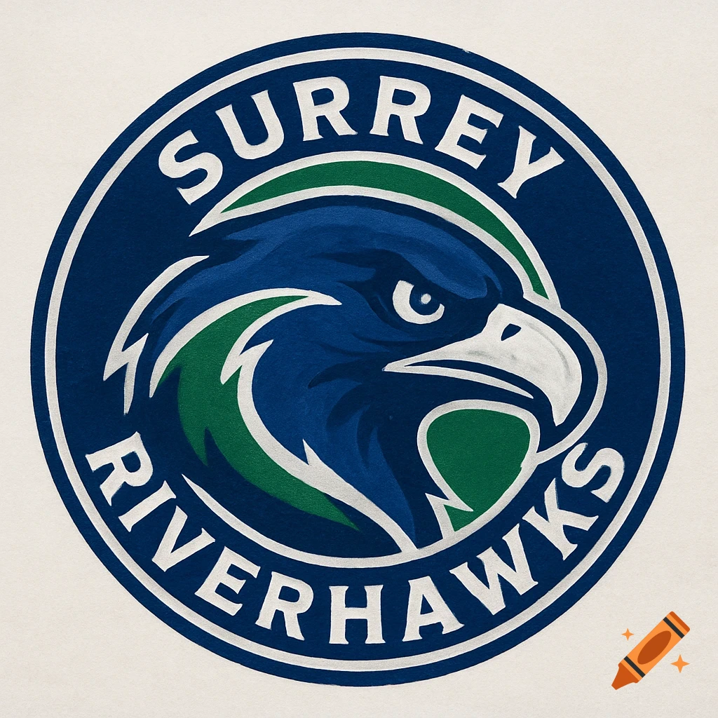 Blue circle sports logo with a stylized eagle head and text 'SURREY RIVERHAWKS'.