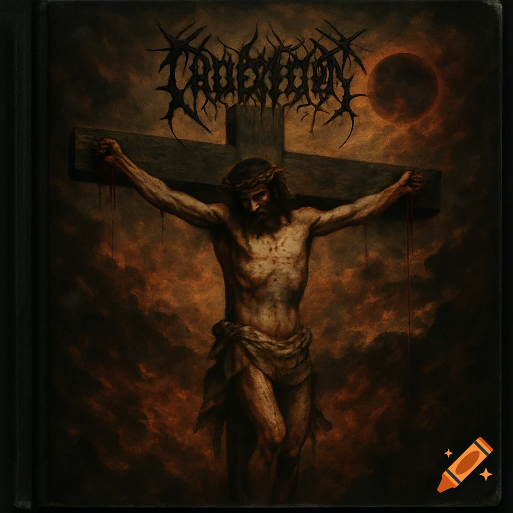 Dark painting of a crucifixion on a cross, like a metal album cover with stylized text.