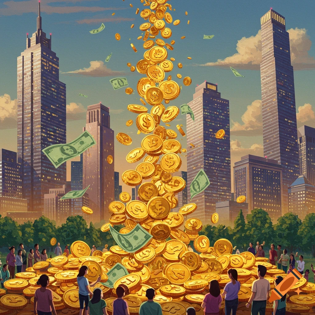 Money falling from skyscrapers onto a large pile of gold coins, with people gathered around.