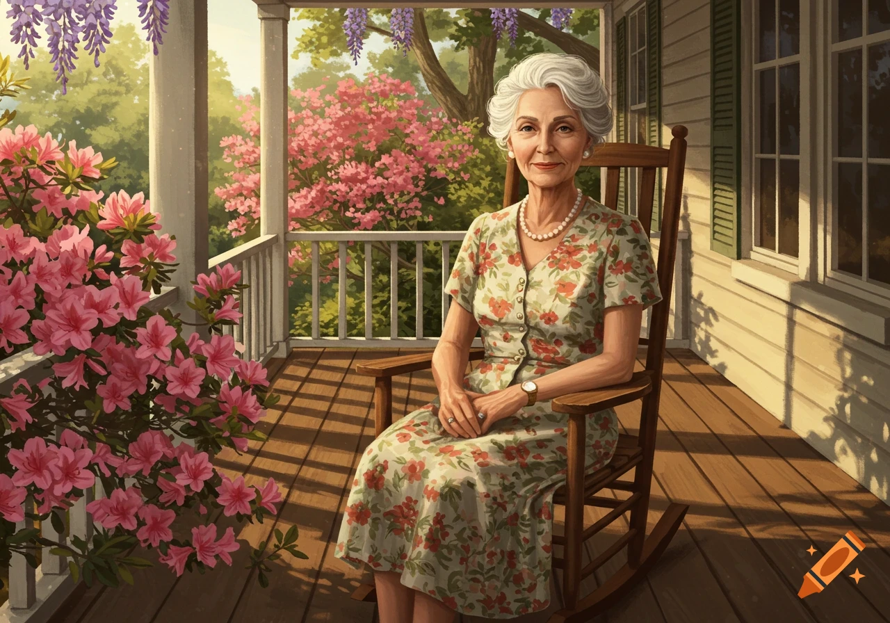 An older woman sits in a rocking chair on a porch surrounded by pink ...