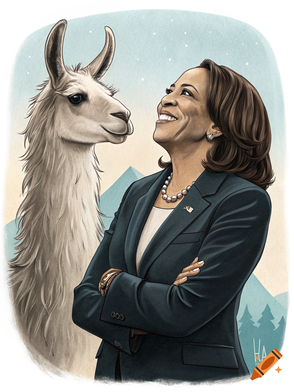 Illustration of Kamala Harris smiling, looking up at a llama next to her in a mountain landscape.