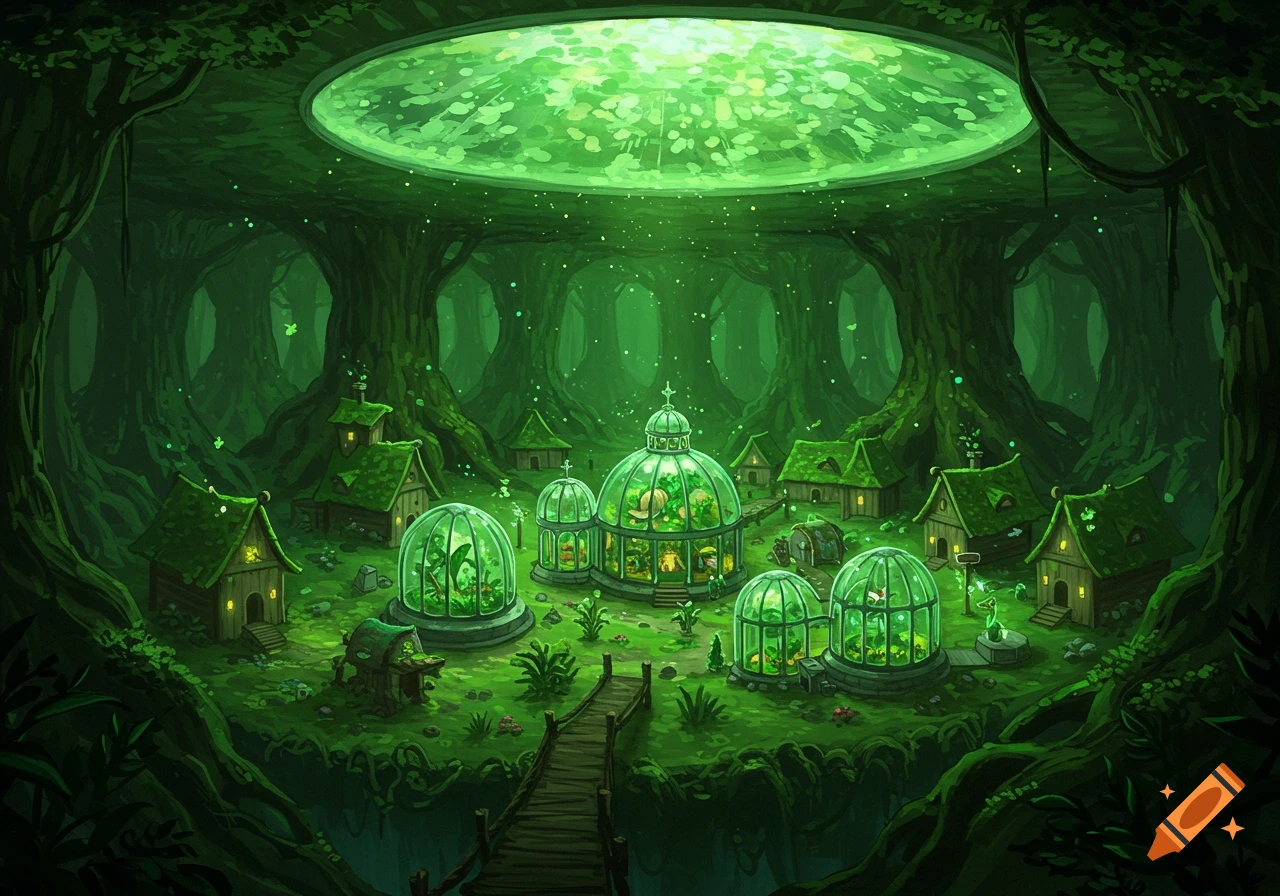 A magical green forest village with houses, greenhouses, and glowing canopy light