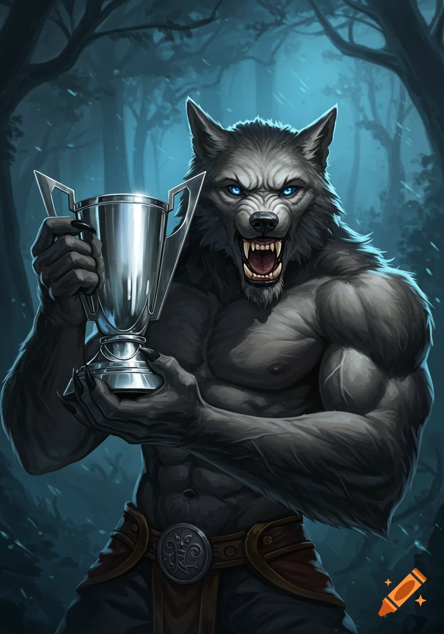 A muscular humanoid werewolf with glowing blue eyes holds a shiny trophy in a dark forest.
