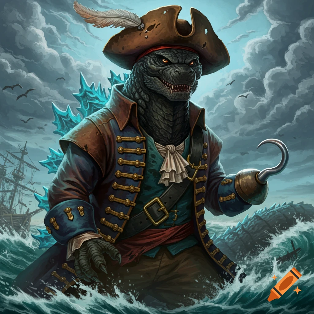 Godzilla dressed as a pirate stands in a stormy sea with a hook hand and a ship behind him.