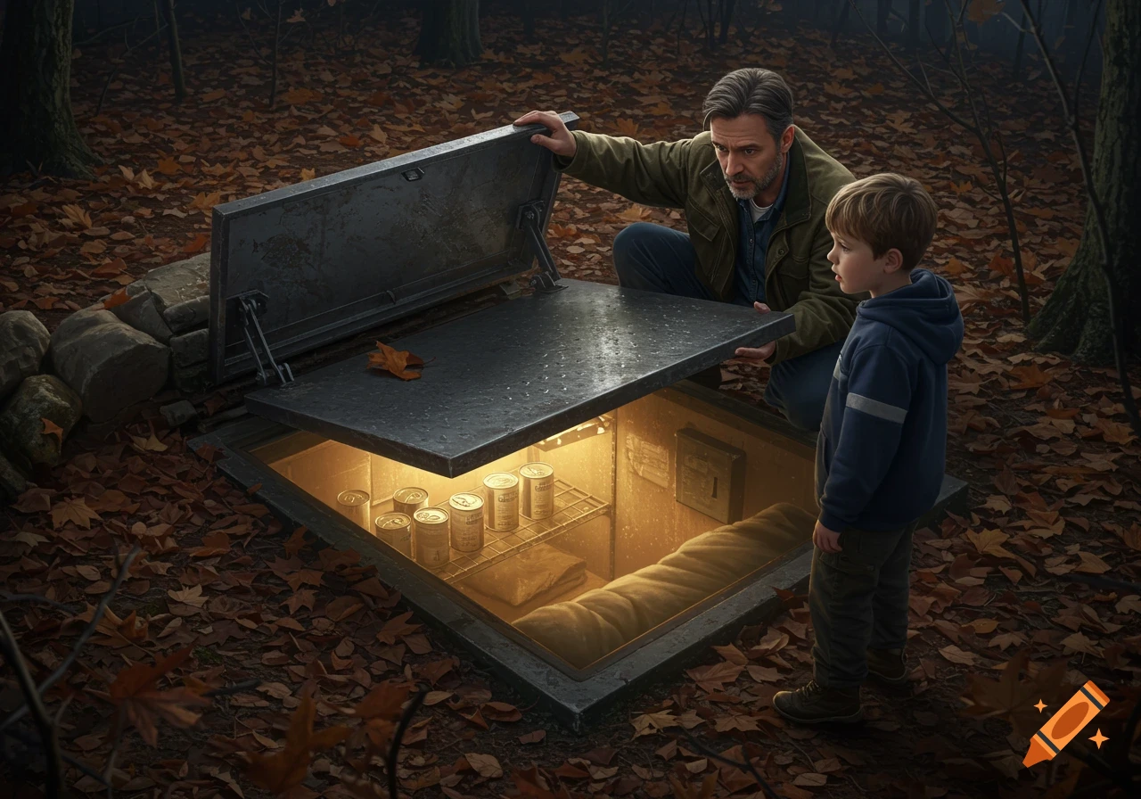 Man and boy look into illuminated underground bunker hatch in autumn forest.
