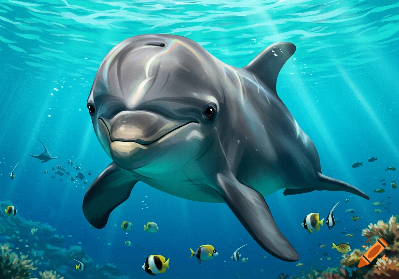 A dolphin swims underwater amidst fish and coral.