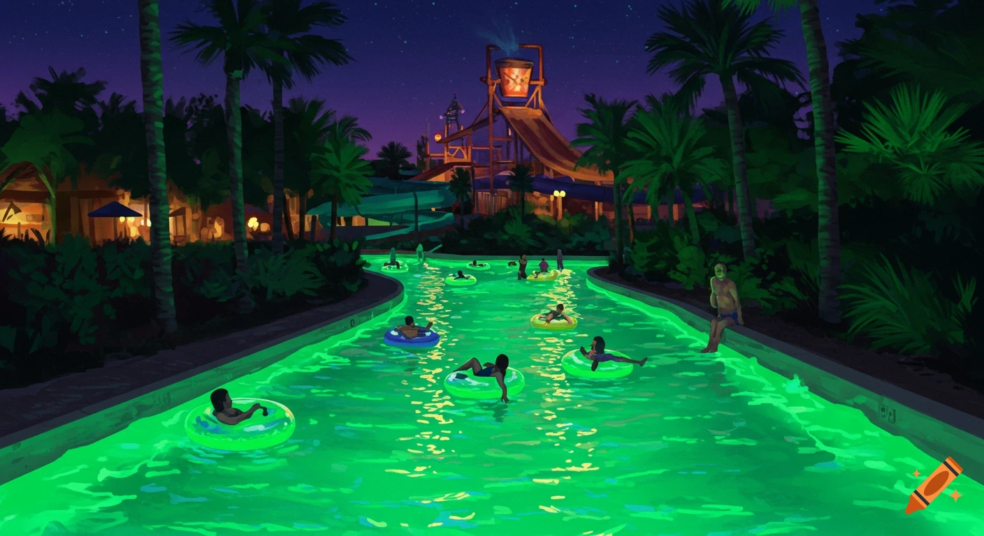 Digital painting of a lazy river in a water park at night with neon green water and people floating in tubes.