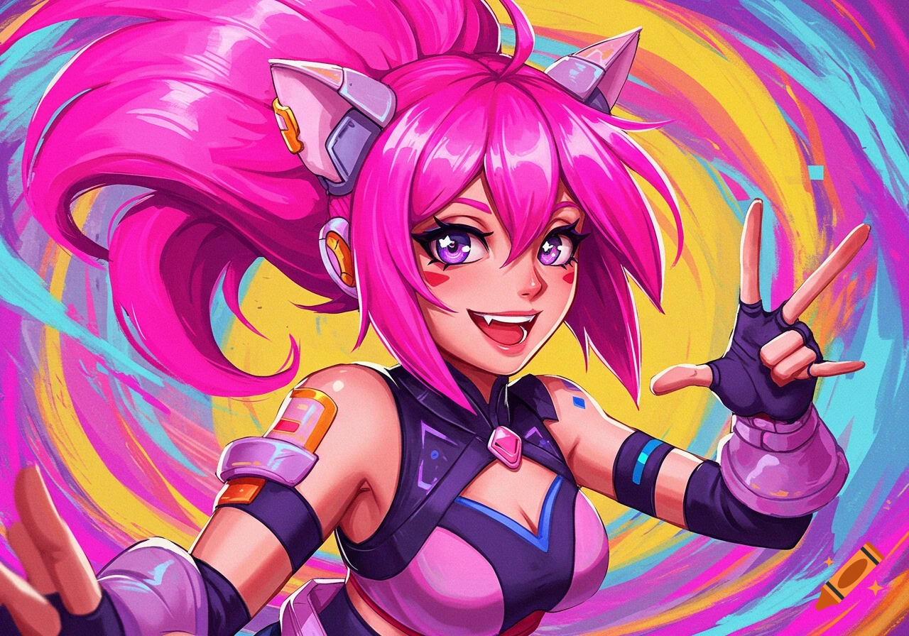 Pink-haired anime girl with cat ear headphones making a peace sign against a swirling colorful background.