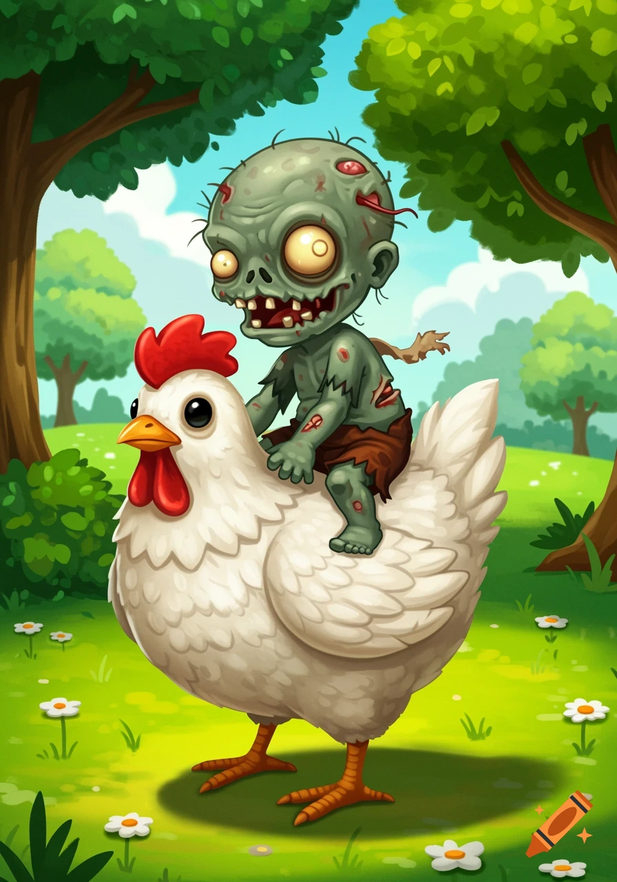A cartoon baby zombie rides a white chicken through a grassy field.