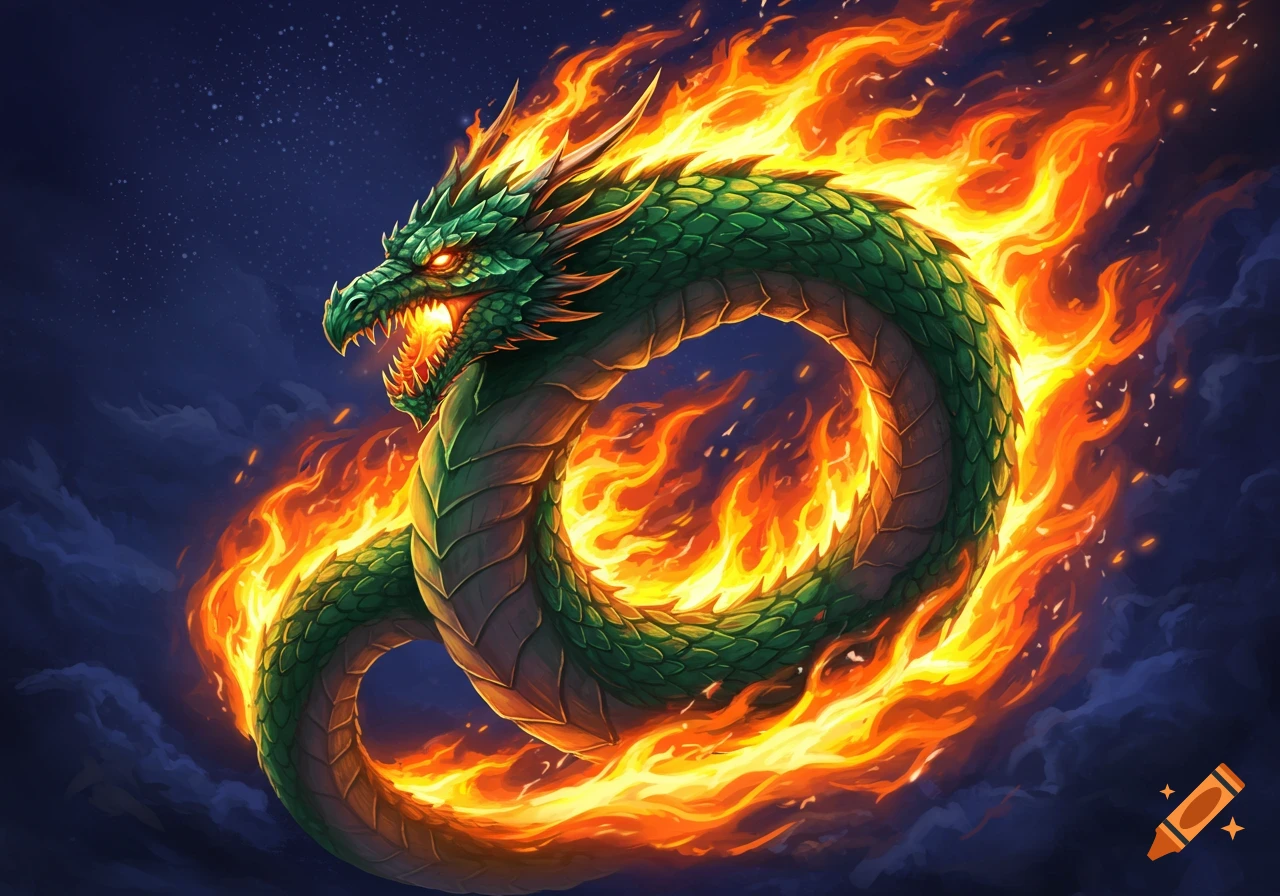 A green dragon wreathed in fire against a starry night sky.