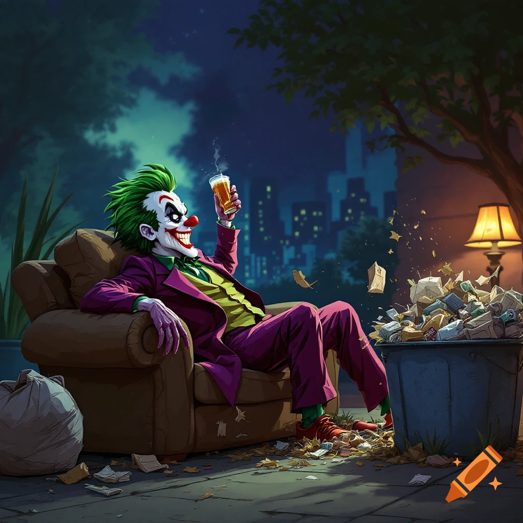 The Joker relaxes in an armchair outdoors with a drink next to a trash can.