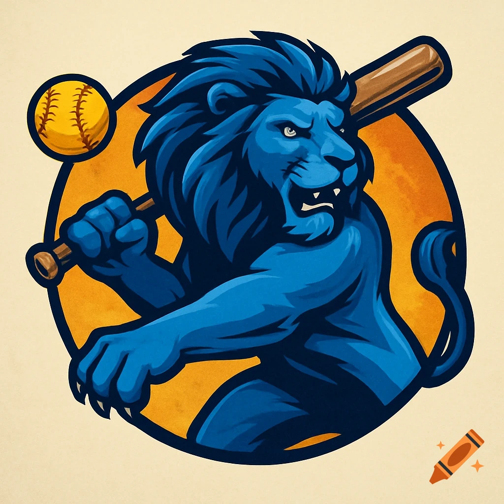 Blue lion mascot holding a baseball bat and ball