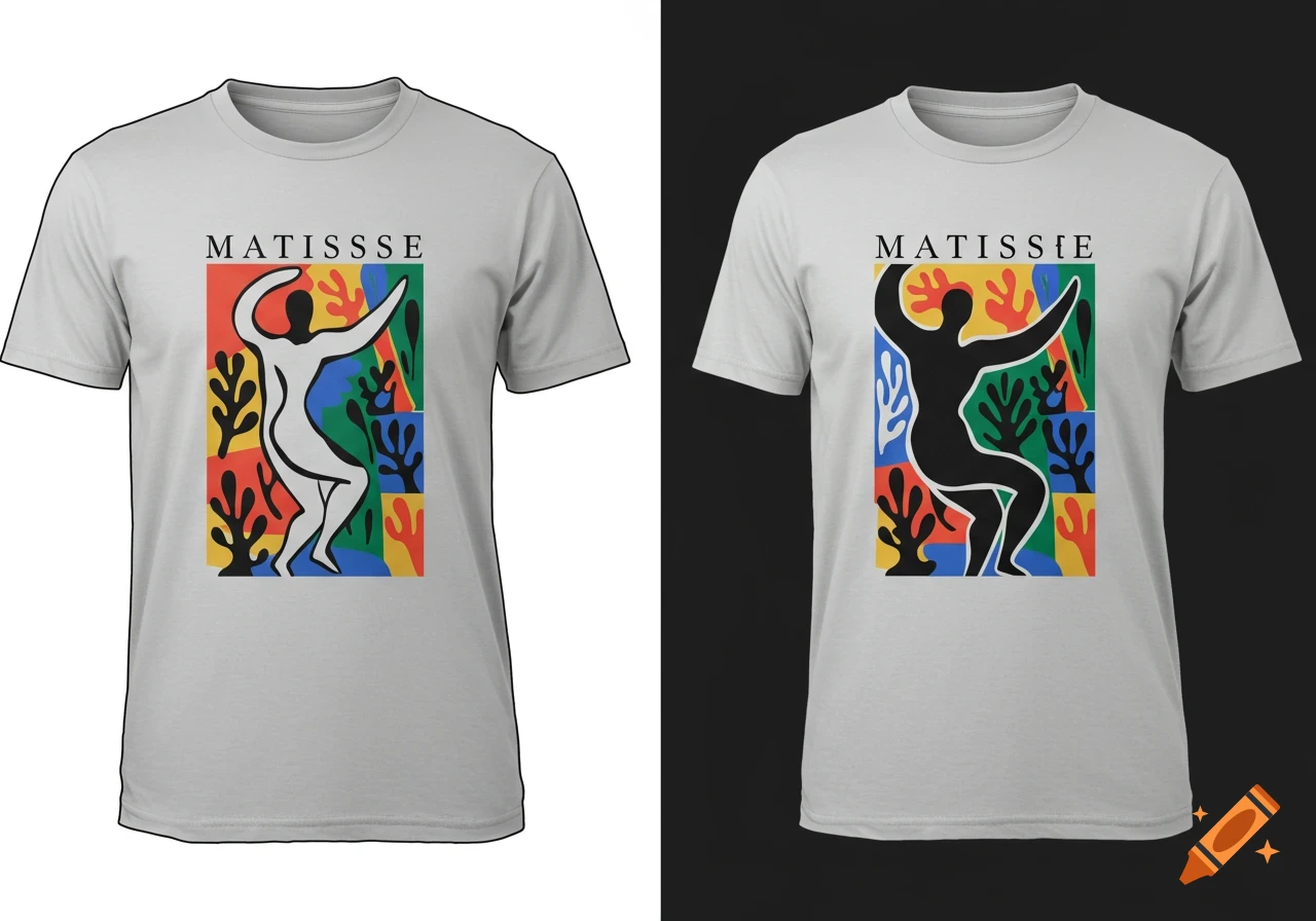Two t-shirts with a colorful Matisse-style cut-out design and misspelled text.