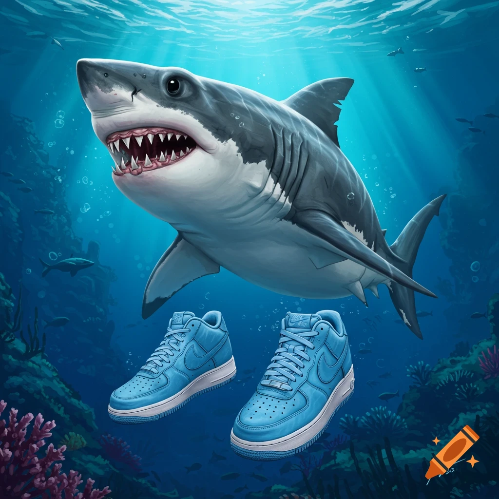 A shark and blue Nike shoes underwater