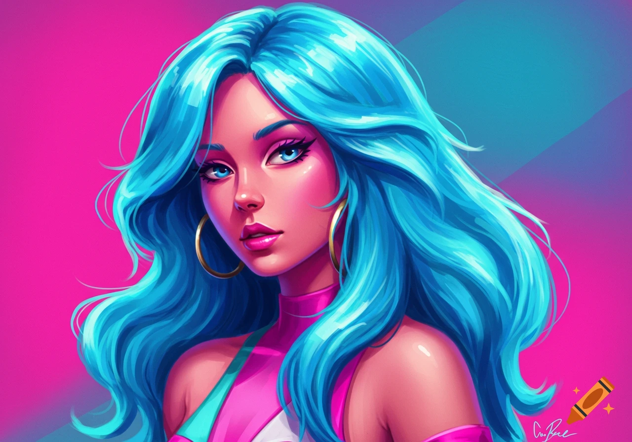 A woman with vibrant blue hair and hoop earrings on a bright pink background.