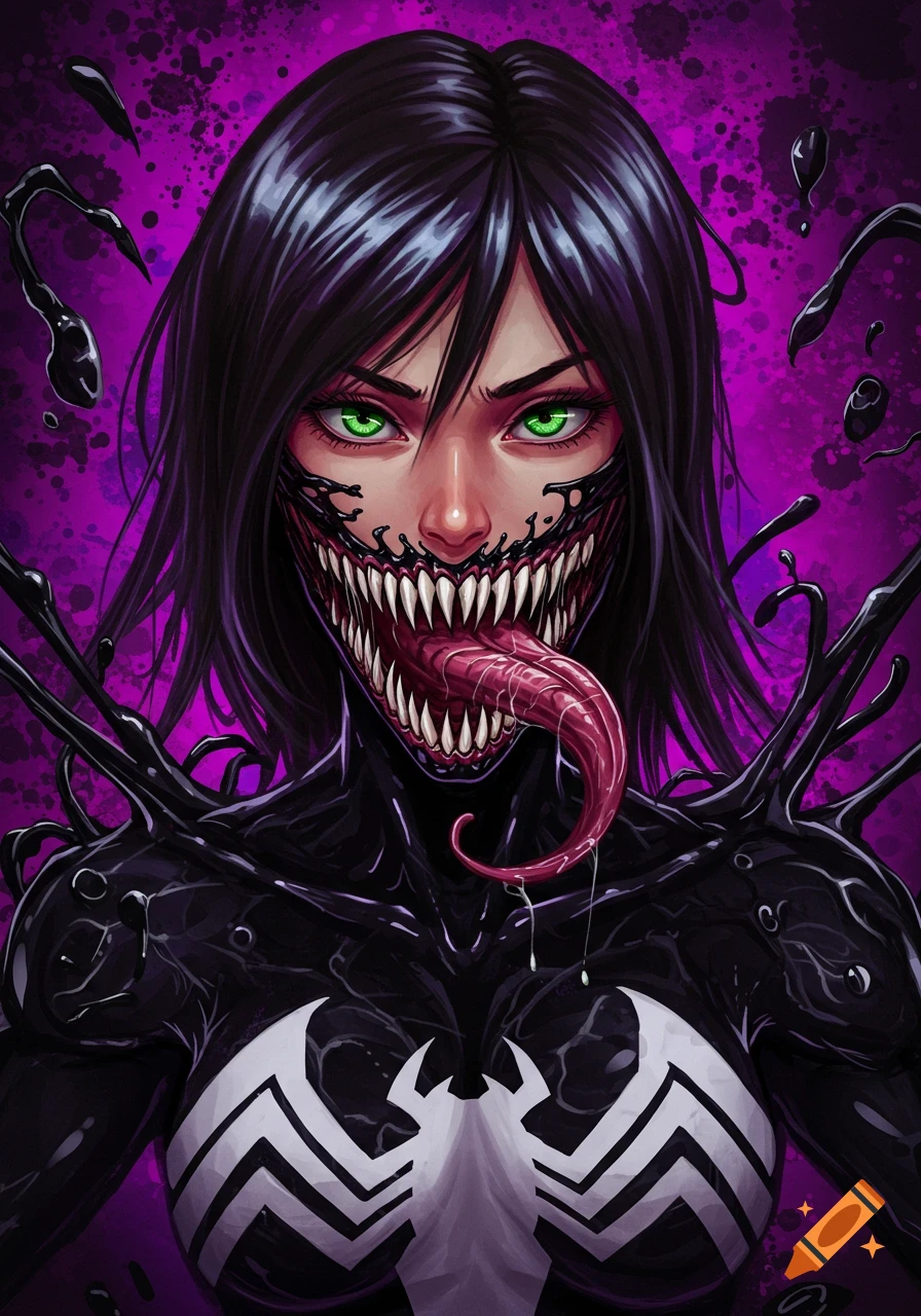 A female character with Venom symbiote features, bright green eyes, sharp teeth, and a long tongue, wearing a black suit with a white spider symbol.