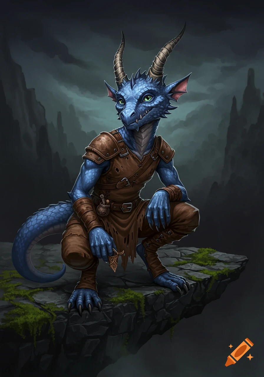 A blue kobold in leather armor crouches on a rocky ledge.