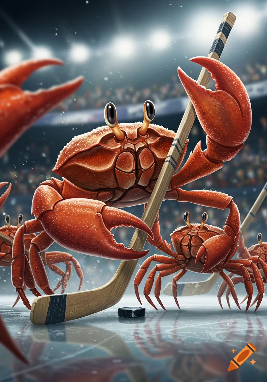 Crabs playing hockey on an ice rink