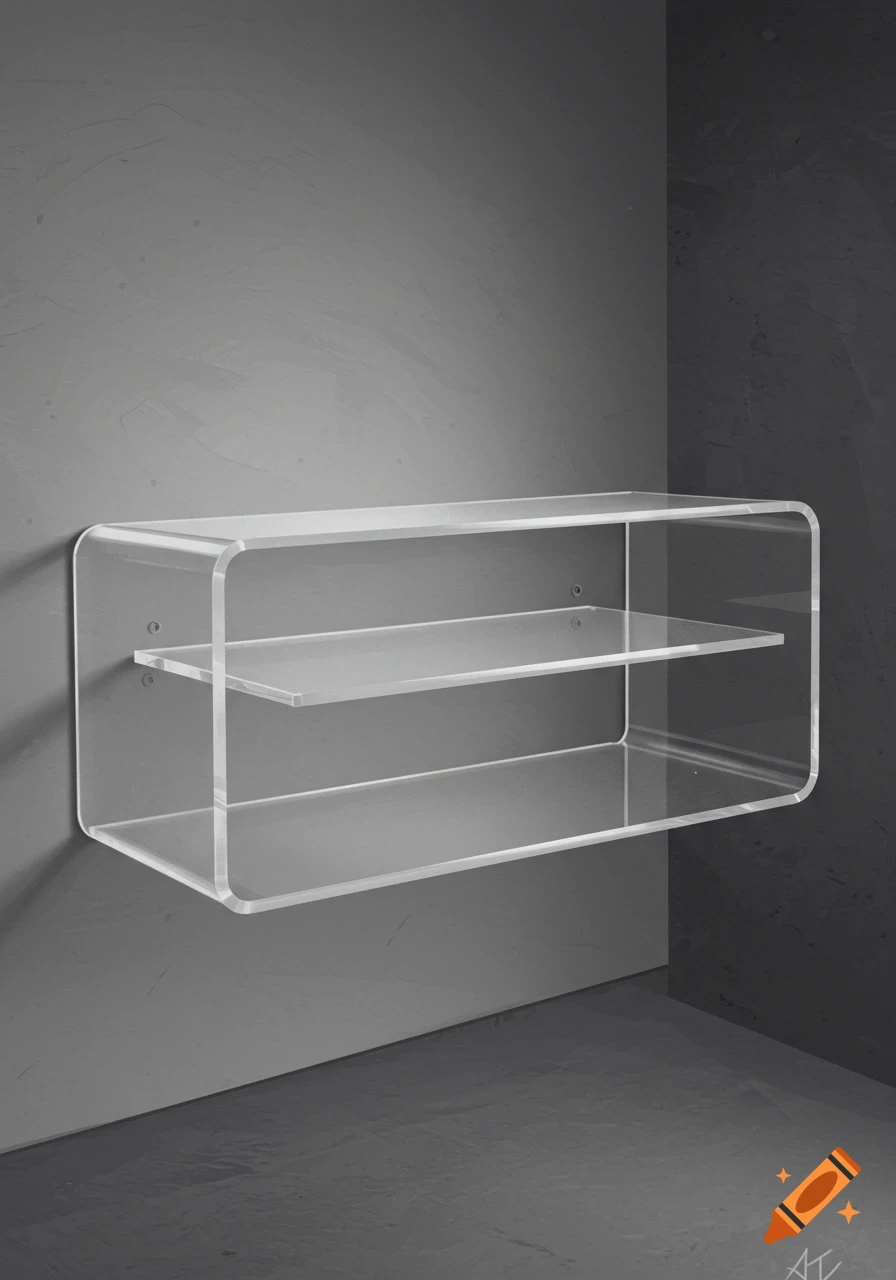 Two translucent floating shelves mounted on a grey wall.