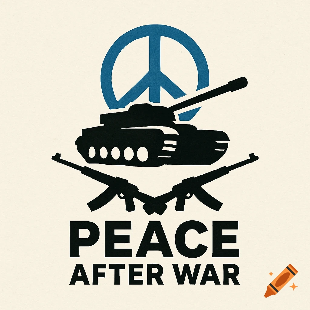 Graphic logo with a tank, crossed rifles, peace sign, and text 'PEACE AFTER WAR'