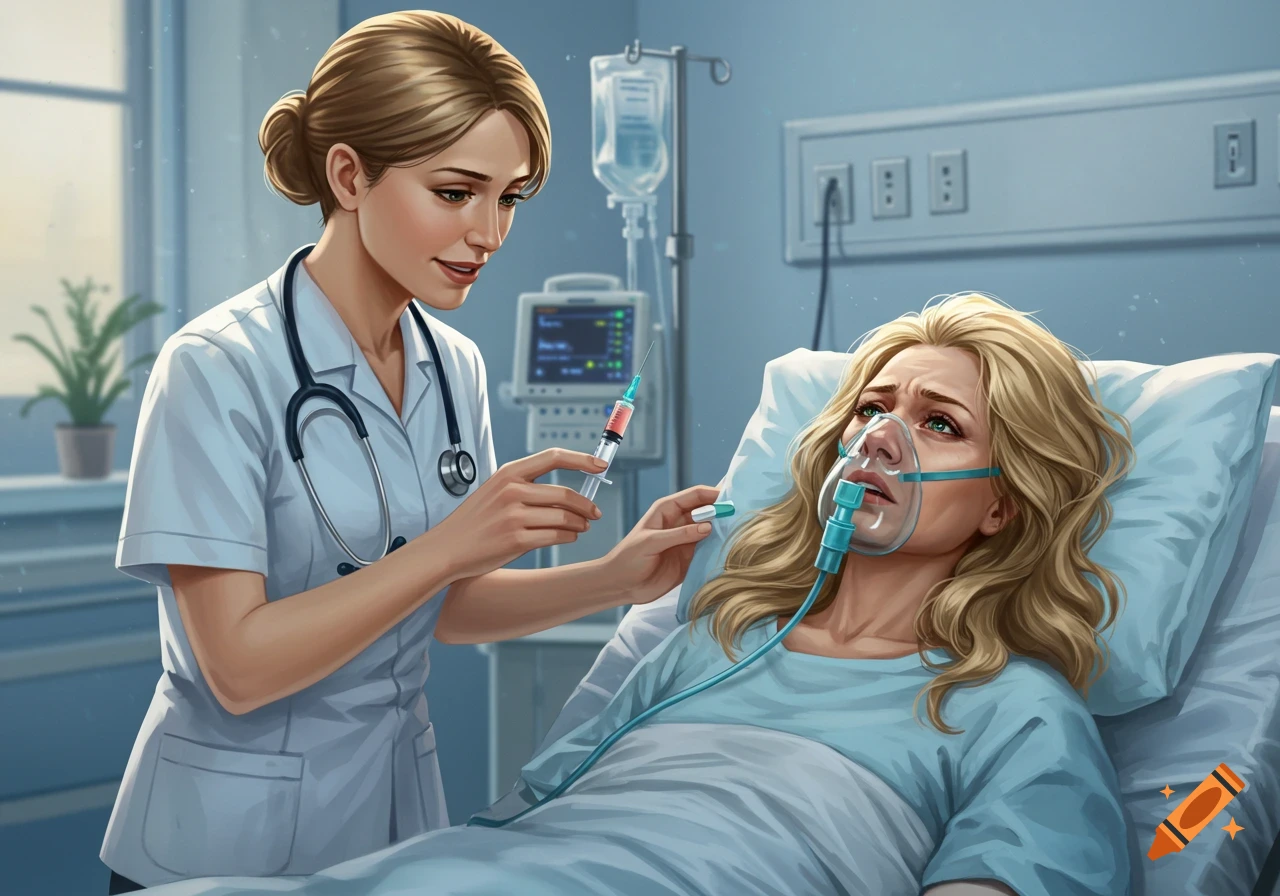 A nurse prepares an injection for a patient wearing an oxygen mask in a hospital room.