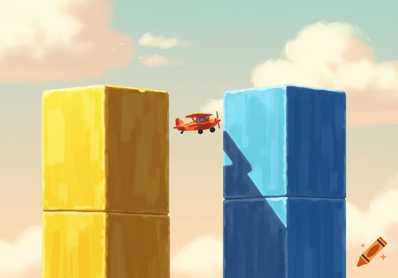 A red biplane flies between a tall yellow block and a tall blue block in a digital painting style.