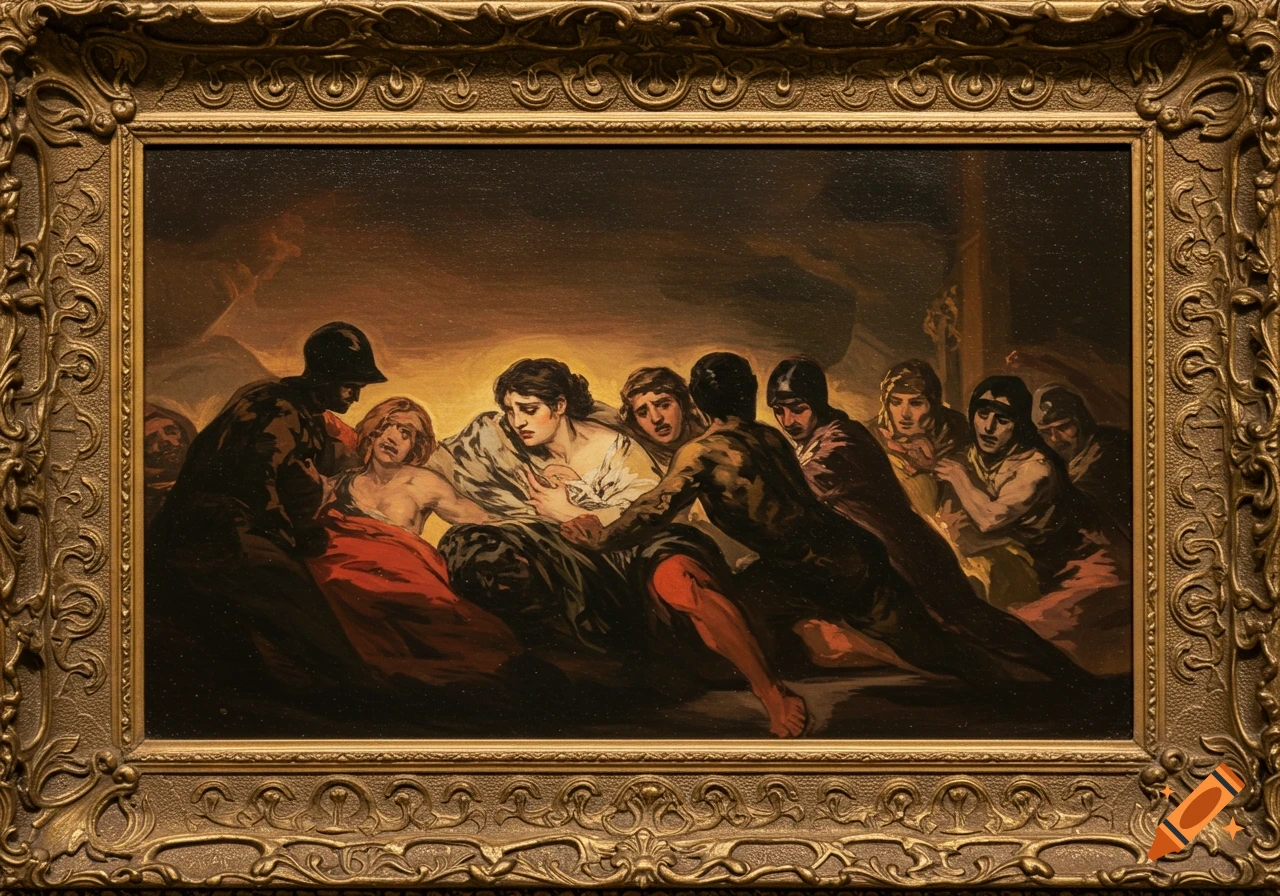 Painting in a frame of a group of people in a dramatic dark scene, Goya style.