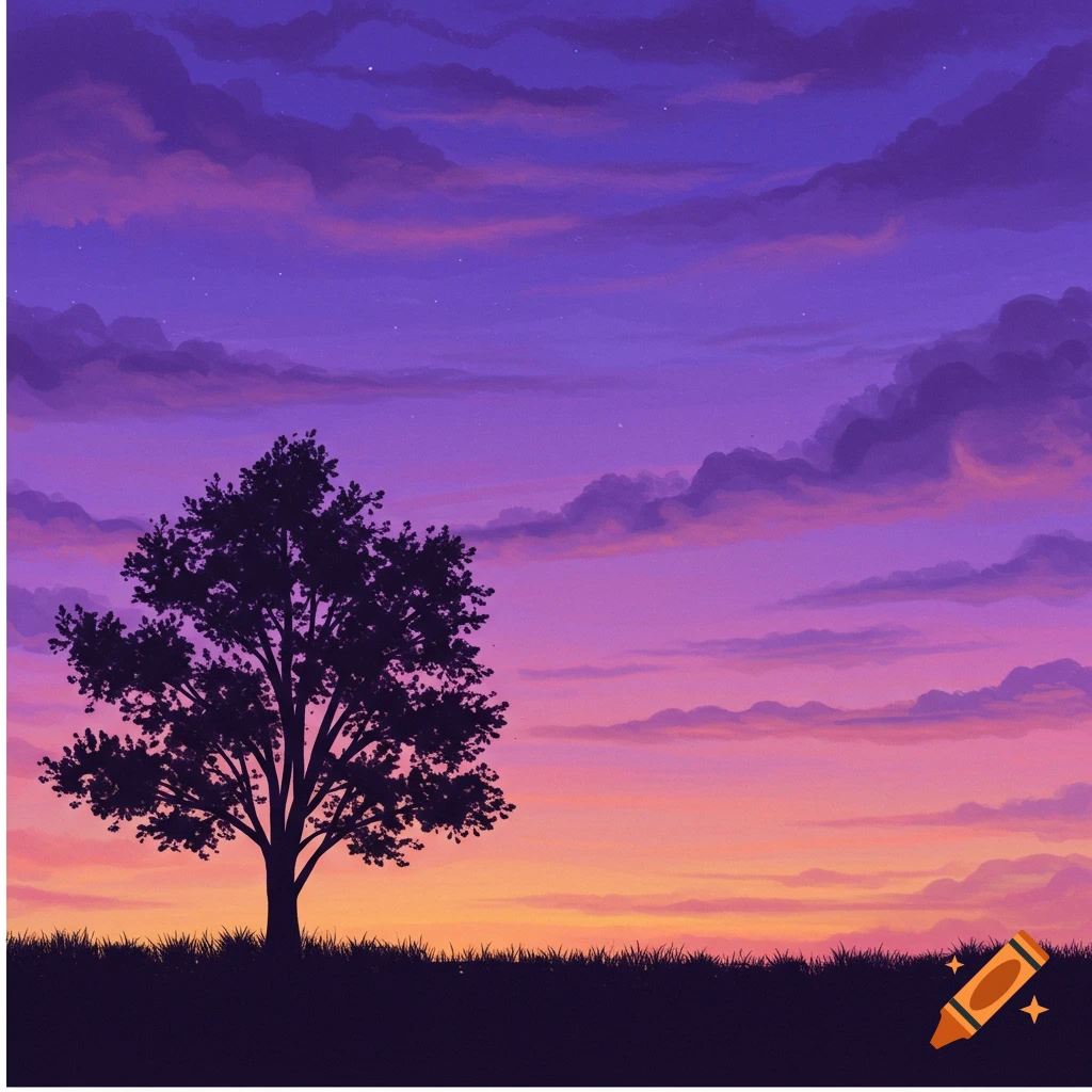 Silhouette of a tree and grass against a vibrant purple and orange dusk sky.