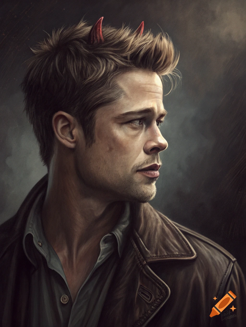 Stylized portrait of a man resembling Brad Pitt with small red horns, wearing a leather jacket.