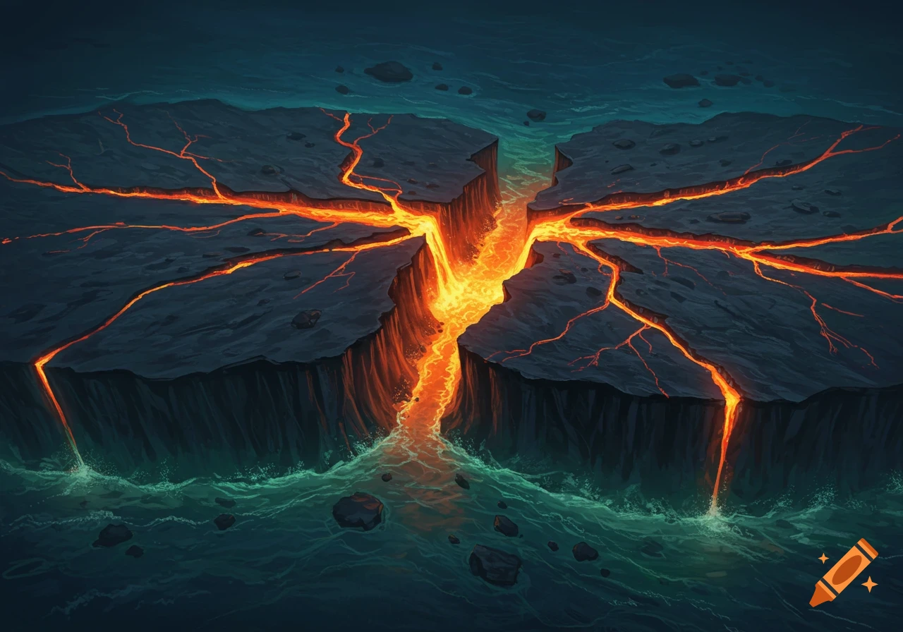 Lava flows from a cracked dark landmass into the ocean