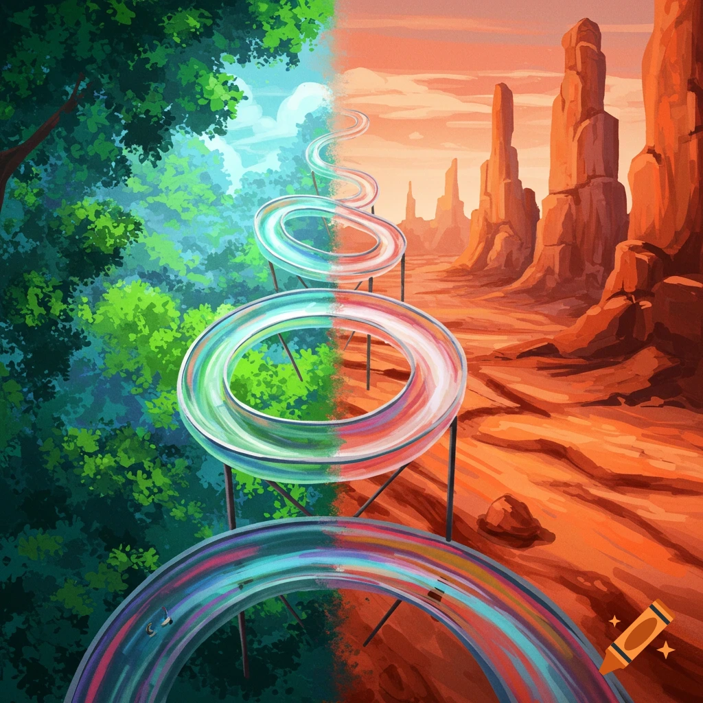 A water slide flows over the boundary between a lush green forest and a rocky red desert landscape.
