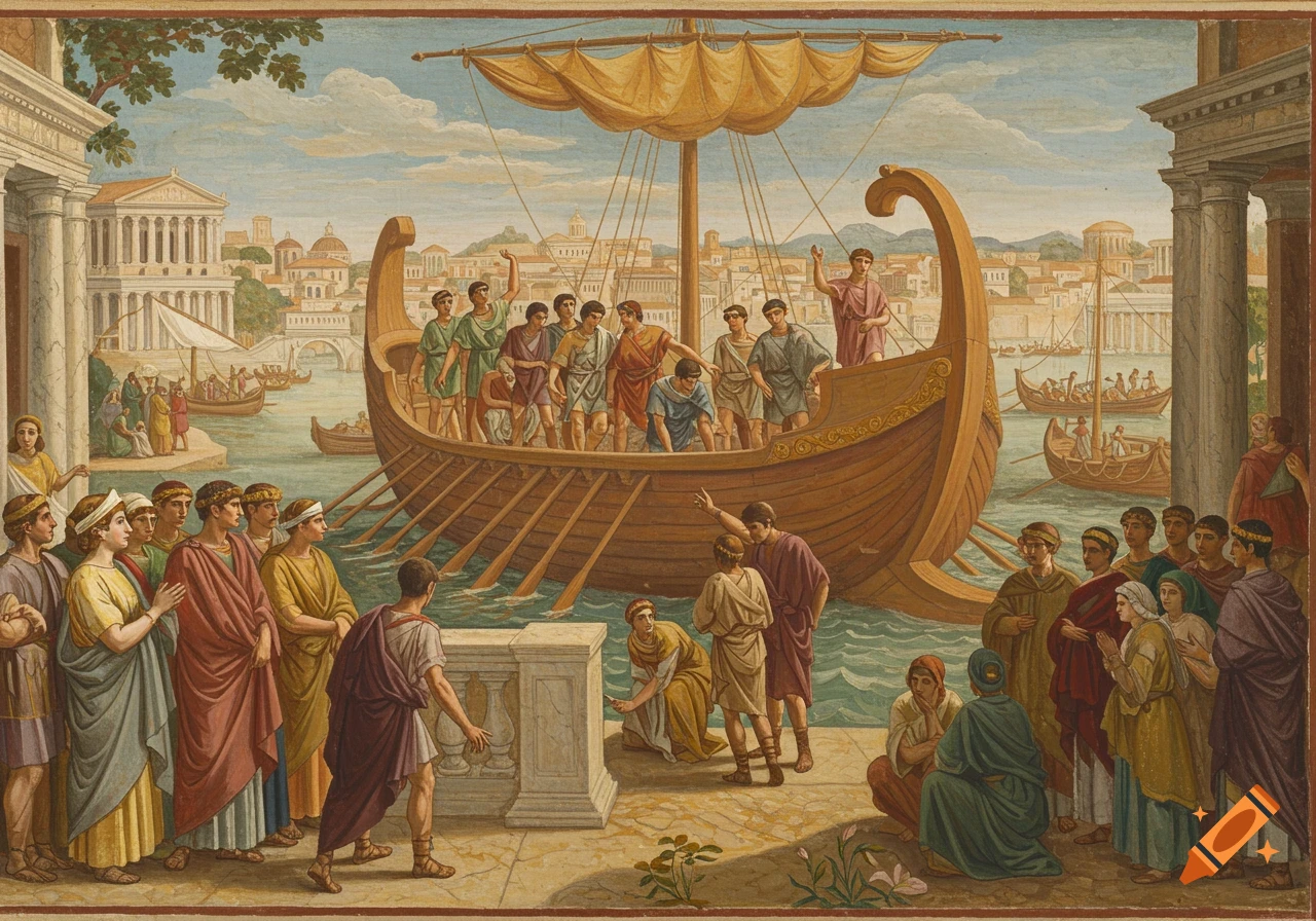 A painting of Romans on a ship waving goodbye to a city skyline.