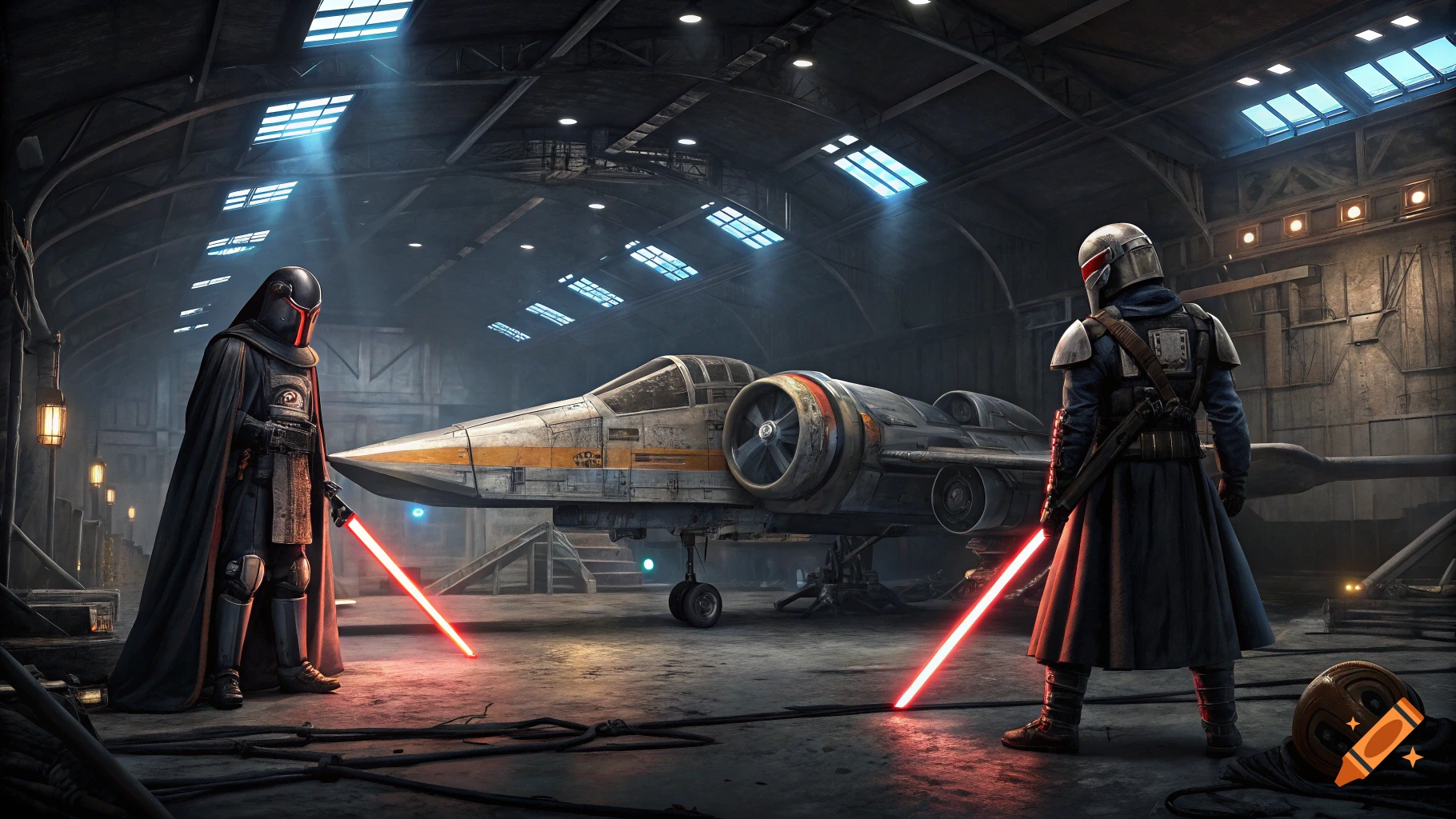 Two armored figures with red lightsabers face each other in a sci-fi hangar with a spaceship.