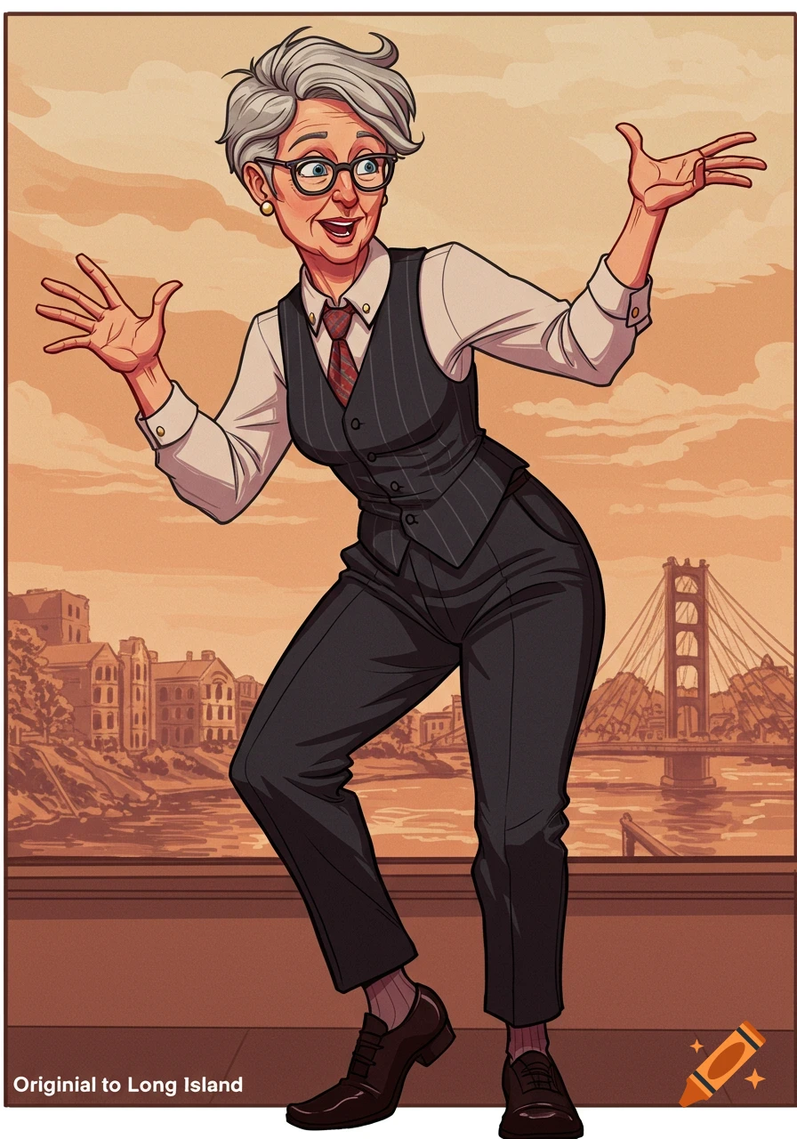Illustration of an energetic older woman in a suit posing against a cityscape backdrop