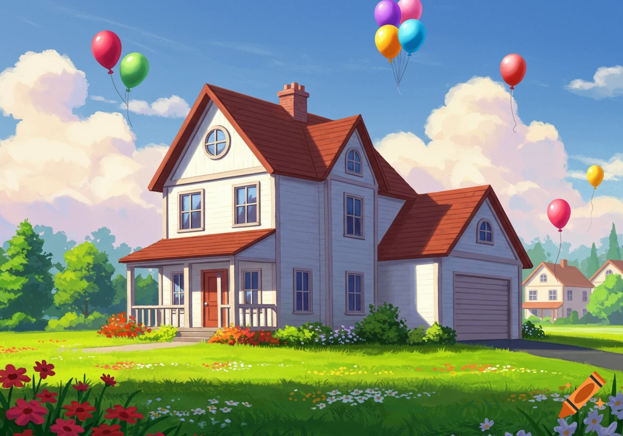 Digital painting of a suburban house with balloons floating above it in a sunny, grassy field.