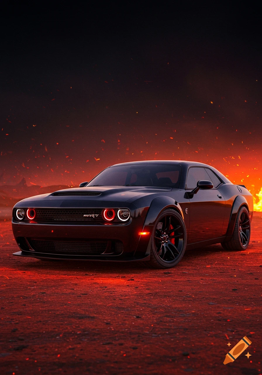 A black Dodge Challenger SRT Hellcat car in a fiery landscape, digital art.
