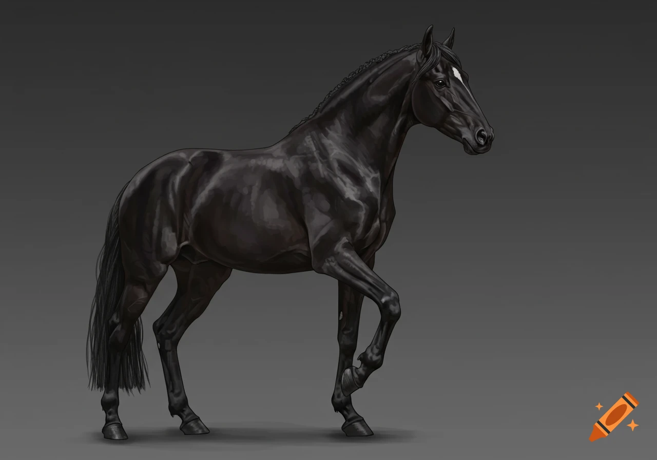 A black horse stands with one leg raised.