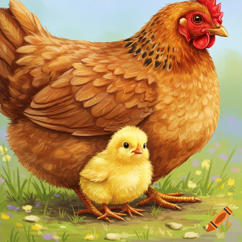 An illustration of a hen standing protectively over a chick in the grass.